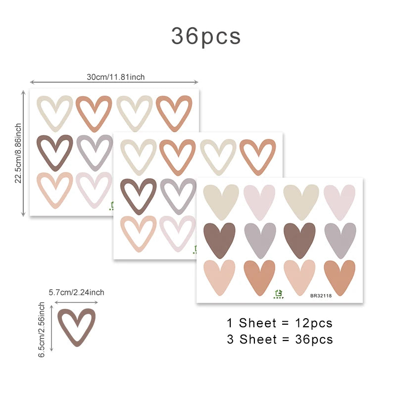 36 Pcs Boho-Heart Nursery Wall Decal Set