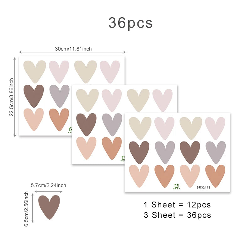 36 Pcs Boho-Heart Nursery Wall Decal Set