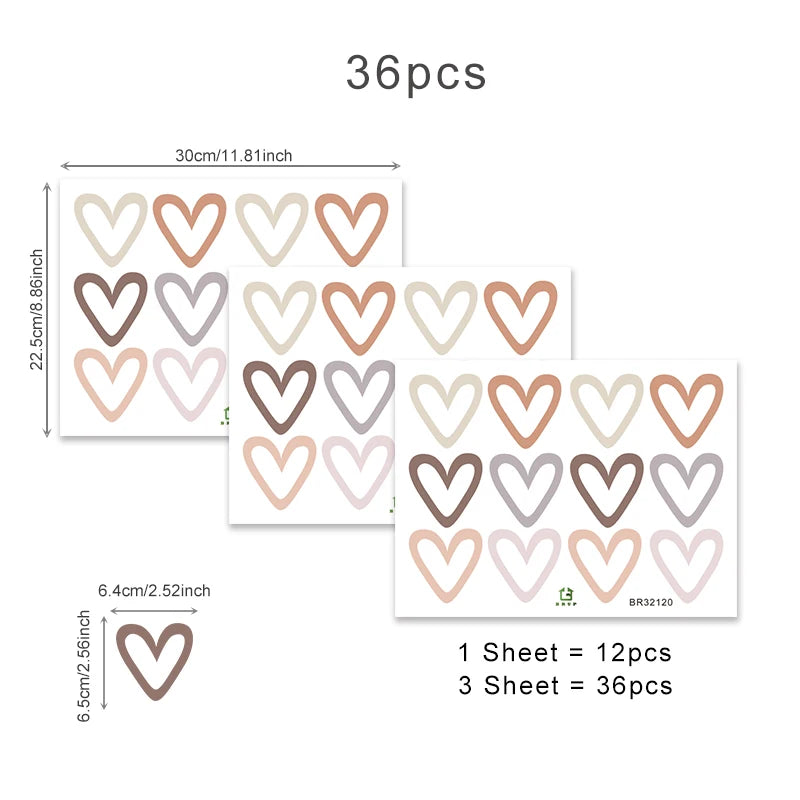 36 Pcs Boho-Heart Nursery Wall Decal Set
